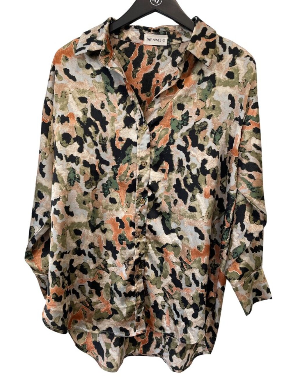 The Nines Shirt Small Button Front Long Sleeve Camouflage Safari Green Orange